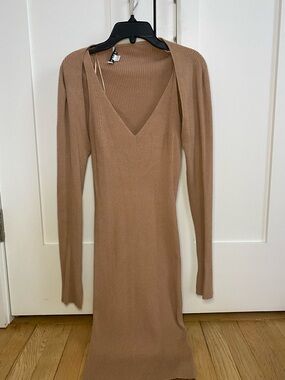 V-Neck Ribbed Maxi Dress with Cropped Cardigan in Camel